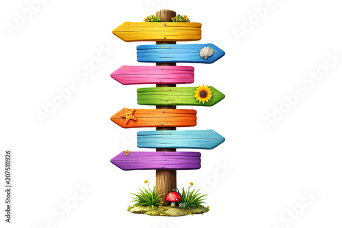 Colorful wooden directional signpost with blank arrow boards decorated by flowers shell starfish sunflower and mushroom isolated on white background
