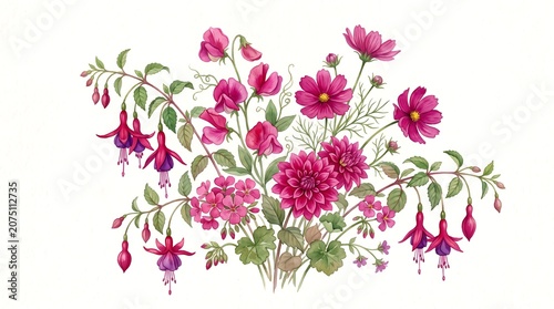 Vibrant watercolor illustration of diverse array of fuchsia, dahlias, sweet peas, and geraniums bouquet on white background.