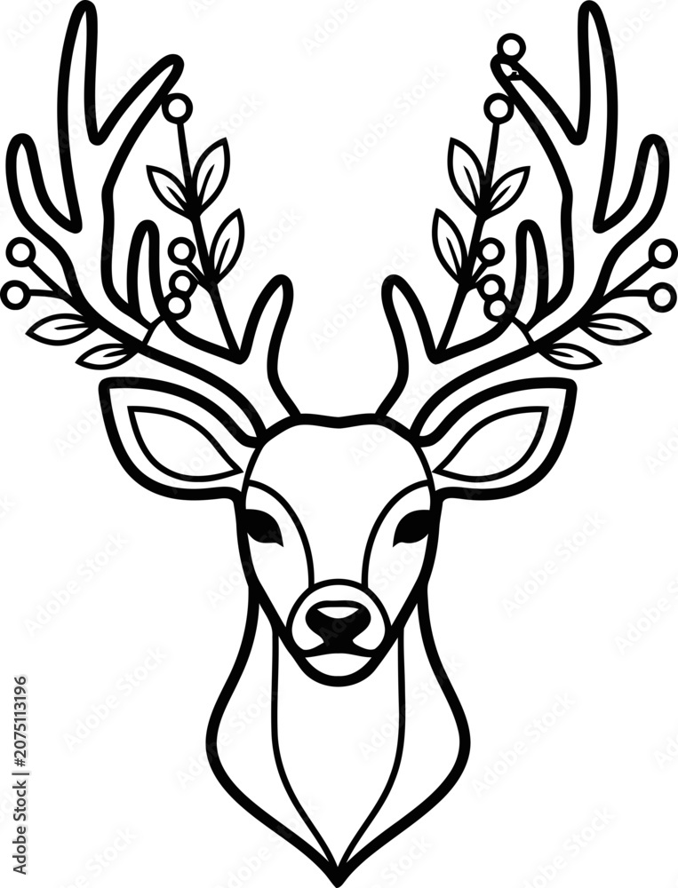 Fototapeta premium Elegant Deer Head Silhouette with Botanical Antlers - Minimalist Line Art