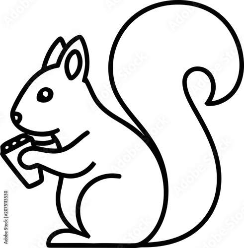 Cute Line Art Squirrel Eating a Nut, Simple Vector Illustration