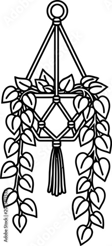 Handcrafted Macrame Plant Hanger with Cascading Leaves and Tassel - Line Art