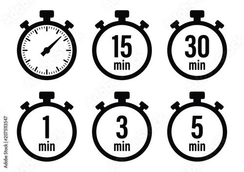 Photos Minimalist stopwatch icon set with time intervals, black chronometer symbols for