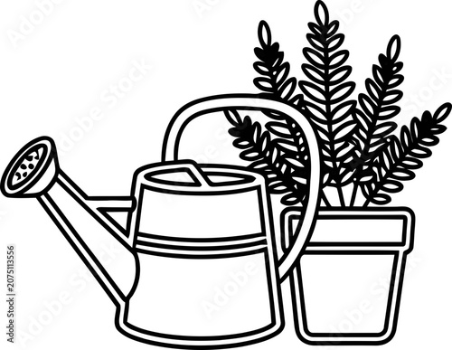 Outline illustration of a watering can next to a potted plant, black and white line art