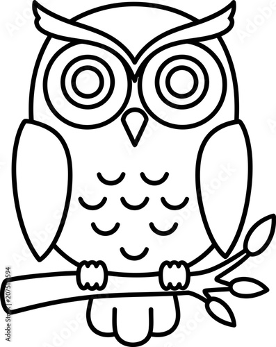 Cute cartoon owl sitting on a tree branch, outline drawing, black and white illustration
