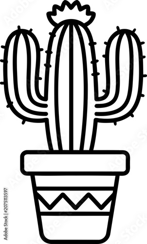 Minimalist Line Art of a Saguaro Cactus in a Decorative Pot