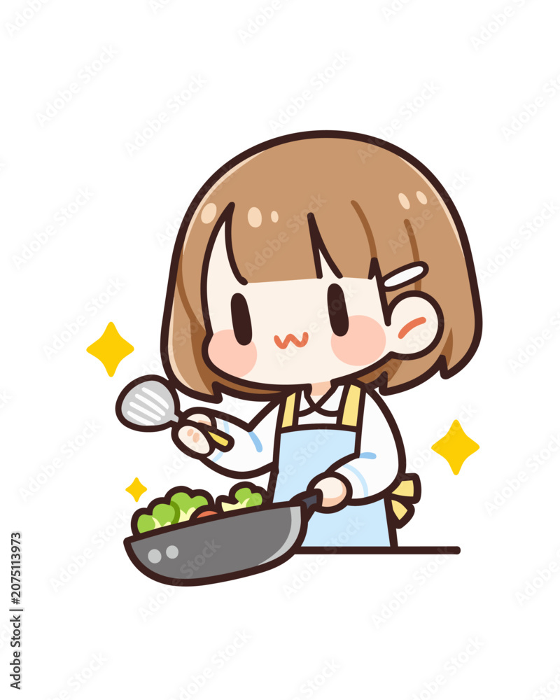 Fototapeta premium エプロンを着てフライパンで楽しそうに調理をしているかわいい女の子のベクターイラスト