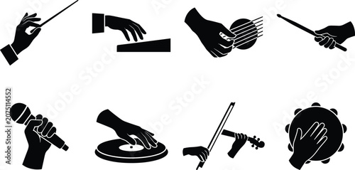 Foto Musician hands solid icon set holding microphone guitar strings conductor baton