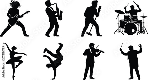 Bild auf Leinwand Musicians dancers and orchestra conductor silhouette vector icons set for live e