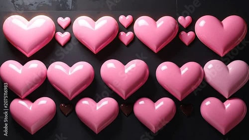 Many glossy pink hearts arranged on a dark flat surface