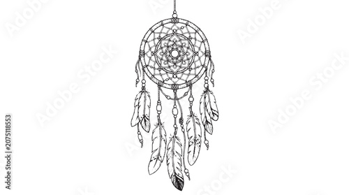 Bild auf Leinwand Bohemian dreamcatcher vector illustration, black and white tribal dream catcher