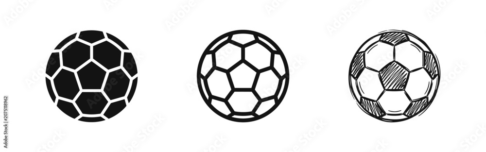 Naklejka premium Set of three soccer ball icons in different art styles