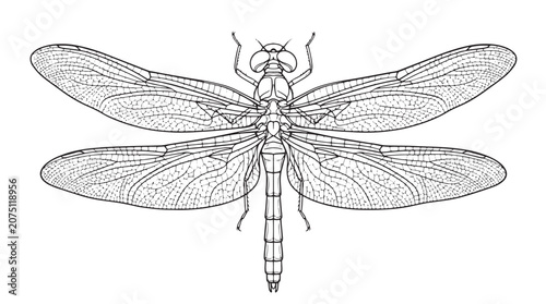 Quadro su tela Vintage dragonfly line art illustration, detailed insect sketch vector, black an