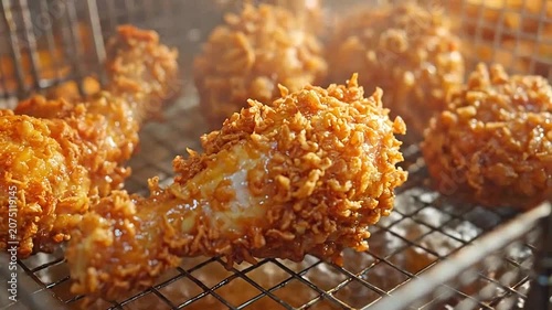 Crispy breaded poultry pieces frying in hot bubbling cooking oil
