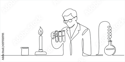 Konstfotografi Line art illustration of a scientist conducting a chemistry experiment with test