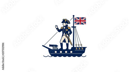 Colonial Era Soldier Standing on British Ship with Flag