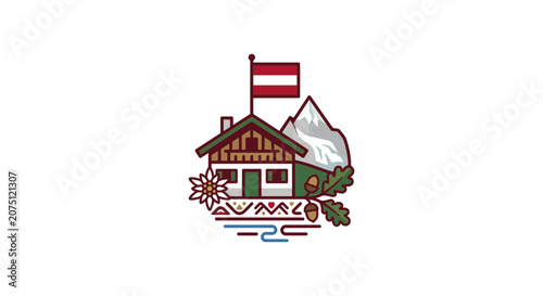 Chalet Mountain Cabin with Flag and Alpine Flower Illustration
