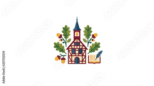 Charming Half-Timbered House with Oak Leaves and Acorns Illustration
