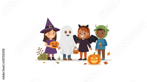 Children in Colorful Halloween Costumes Holding Pumpkin Buckets