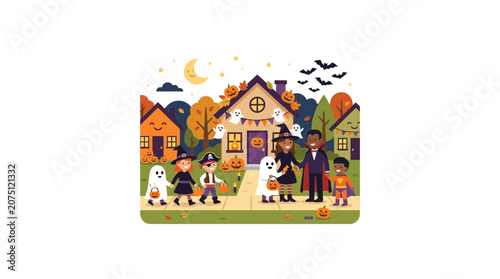 Children in Halloween Costumes Trick or Treating in Suburban Neighborhood
