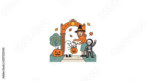 Children in Halloween Costumes Trick-or-Treating at Decorated Doorway