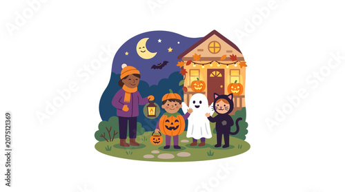 Children in Halloween Costumes Trick-or-Treating at Night