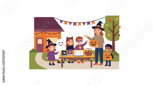 Children in Halloween Costumes Selling Treats at Festive Stand Outdoors