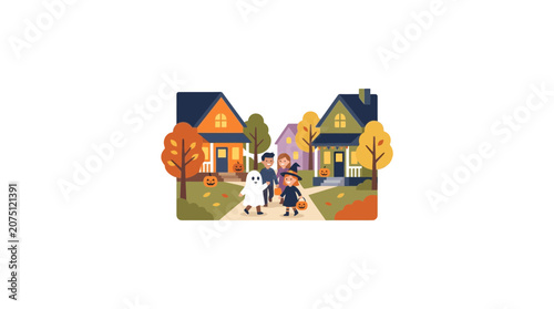 Children in Halloween Costumes Trick-or-Treating in Suburban Neighborhood