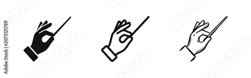Hand holding conductor's baton icons in solid, outline, and sketch styles
