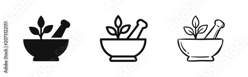 Bild auf Leinwand Mortar and pestle herbal icons set, pharmacy concept