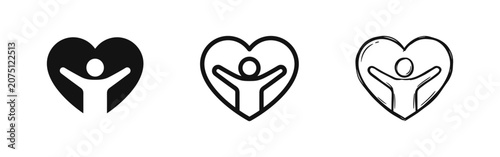 Photography Happy person in heart shape icons, self love and mental health care wellness sym