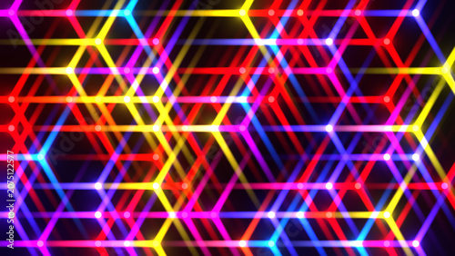 Colorful stars glowing on black background, neon colored abstract background.