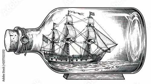 Schilderij op canvas Vintage nautical ship in a bottle illustration, hand drawn antique sailing vesse