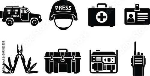 Canvastavla War Correspondent and Journalism Field Survival Equipment Black Silhouette Icon