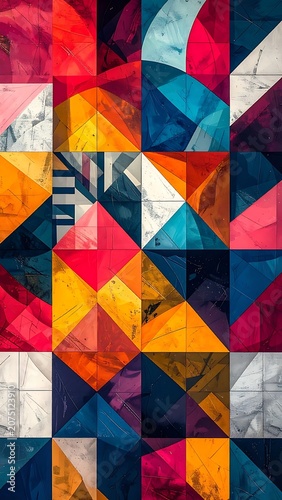 A vibrant abstract geometric pattern with multicolored shapes