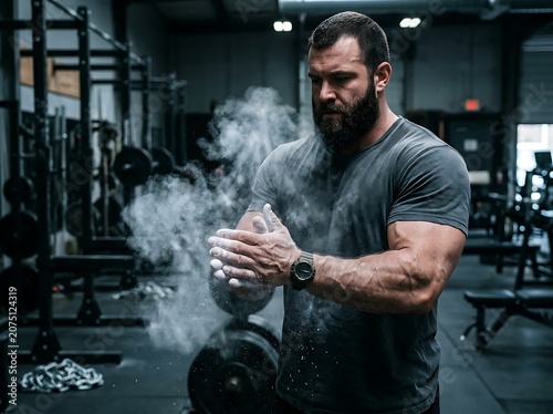 Athlete using chalk in gym for weightlifting.