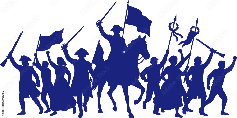 Fototapeta premium Blue silhouette of historical revolutionary soldiers marching with weapons and flags