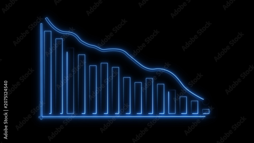 Naklejka premium Glowing blue decreasing bar graph, neon outline on black background
