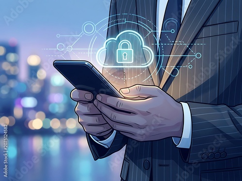 Businessman using smartphone with security cloud interface.