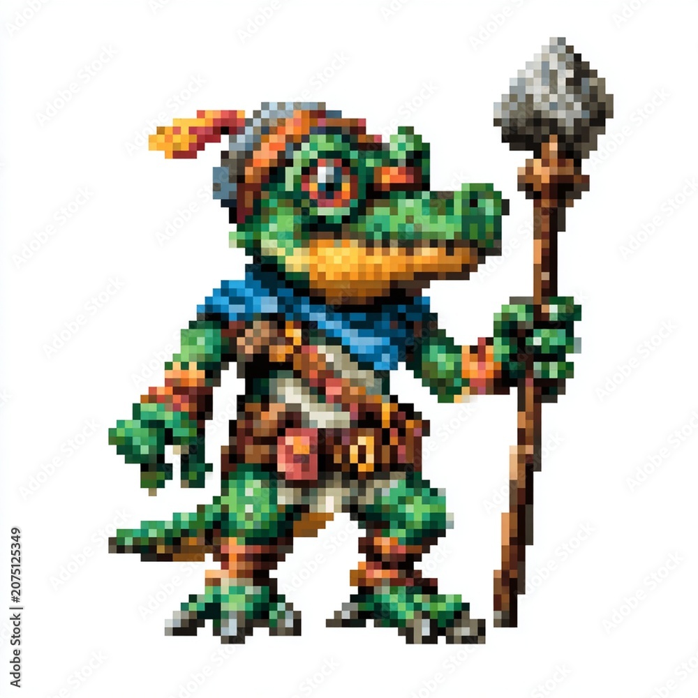 Fototapeta premium Lizardfolk adventurer stands in profile while holding a primitive stone spear in this detailed pixel art character design.