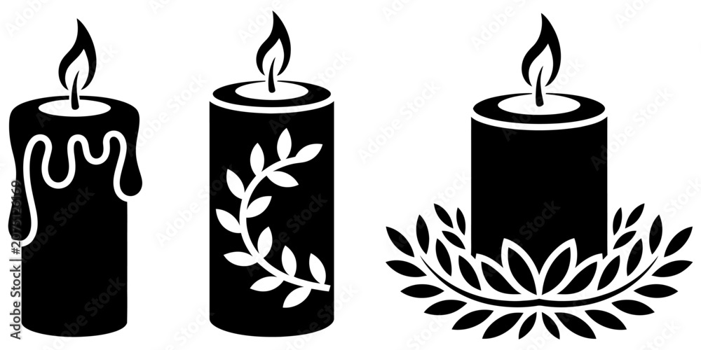 Obraz premium Set of three black decorative burning candles with flame and floral leaf patterns Vector, illustration