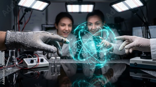 Scientists working with holographic technology in laboratory.