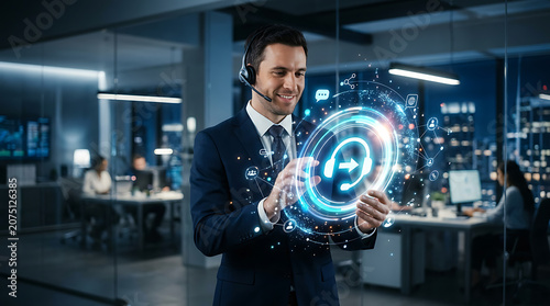 Man With Headset Interacting With Circular Digital Display In Office Setting