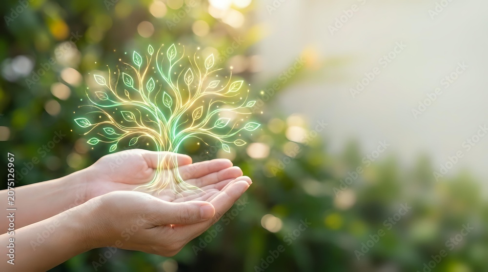 Fototapeta premium Hands holding glowing tree with golden light, symbolizing growth, sustainability, and environmental care for eco-friendly business concepts.