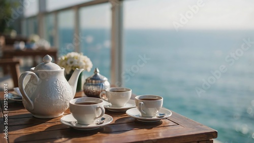 Tea set with cups and teapot on a table by a window