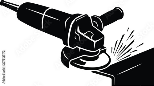 Angle Grinder Silhouette Cutting Metal with Sparks Vector Illustration, Power Tool Icon Isolated on White Background