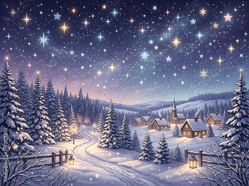 Snowy Village Under Starry Night Sky.