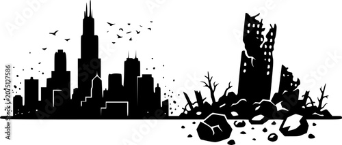 Modern city skyline transitioning into post-apocalyptic destruction silhouette with collapsed towers, rubble and dead branches in bold black vector art style for dramatic and dystopian design use.