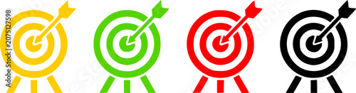Colorful target bullseye icon set with arrows in yellow green red and black color variations on stand in clean flat vector style for business goal achievement and success design use.
