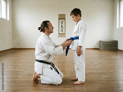 Karate instructor tying belt on young student in dojo.