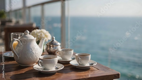 White teapot and tea cups on a table by the window